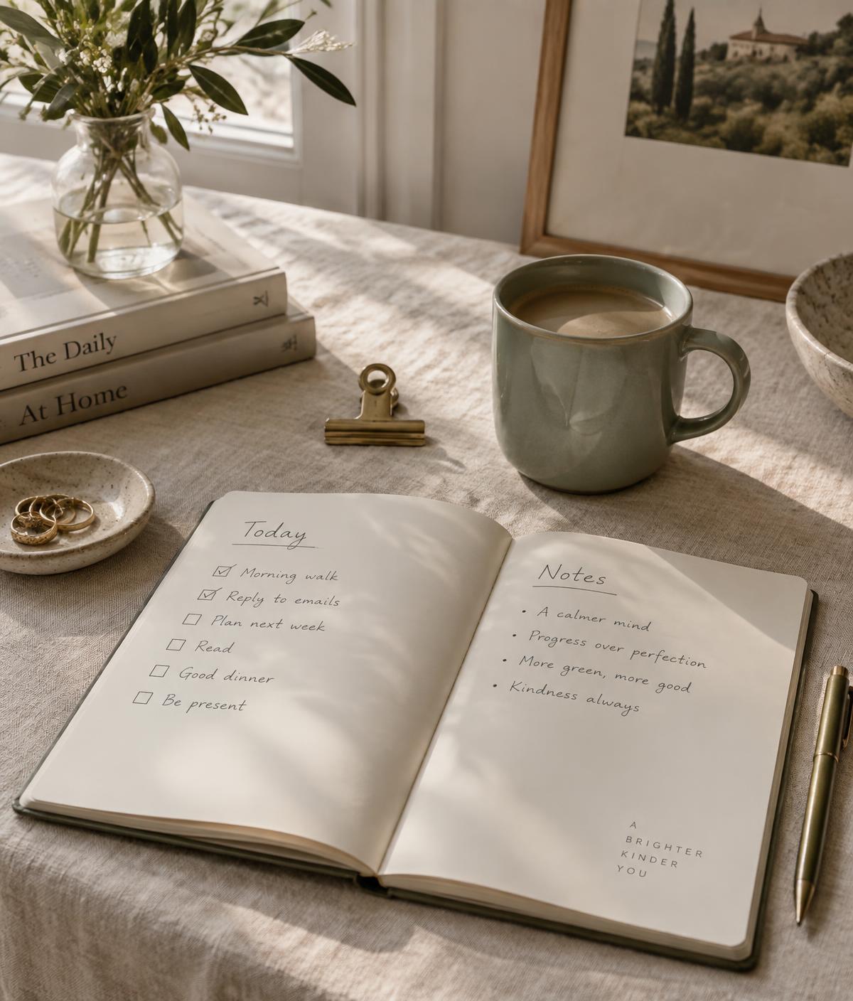 A calm, organized workspace for planning and reflection